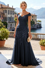 Off Shoulder Chiffon Lace A‑Line Mother of the Bride Dress, Ruched Waist With Sweep Train