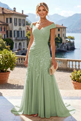 Off Shoulder Chiffon Lace A‑Line Mother of the Bride Dress, Ruched Waist With Sweep Train