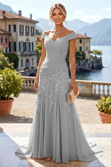 Off Shoulder Chiffon Lace A‑Line Mother of the Bride Dress, Ruched Waist With Sweep Train