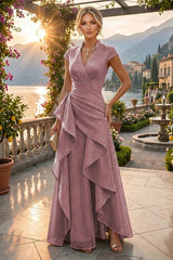 A‑Line Princess V‑Neck Floor‑Length Mother of the Bride and Groom Dresses with Ruffles and Ruched Waist