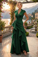 A‑Line Princess V‑Neck Floor‑Length Mother of the Bride and Groom Dresses with Ruffles and Ruched Waist