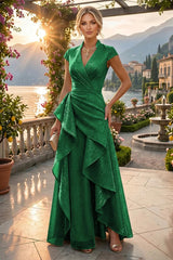 A‑Line Princess V‑Neck Floor‑Length Mother of the Bride and Groom Dresses with Ruffles and Ruched Waist