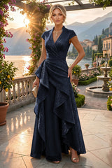 A‑Line Princess V‑Neck Floor‑Length Mother of the Bride and Groom Dresses with Ruffles and Ruched Waist