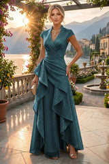 A‑Line Princess V‑Neck Floor‑Length Mother of the Bride and Groom Dresses with Ruffles and Ruched Waist