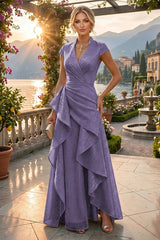 A‑Line Princess V‑Neck Floor‑Length Mother of the Bride and Groom Dresses with Ruffles and Ruched Waist