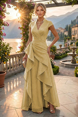 A‑Line Princess V‑Neck Floor‑Length Mother of the Bride and Groom Dresses with Ruffles and Ruched Waist