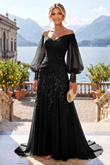A‑Line Princess Off‑Shoulder Chiffon Floor‑Length Mother of the Bride & Groom Dress with Lace Appliques and Pleats