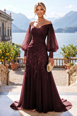 A‑Line Princess Off‑Shoulder Chiffon Floor‑Length Mother of the Bride & Groom Dress with Lace Appliques and Pleats