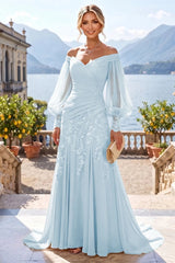 A‑Line Princess Off‑Shoulder Chiffon Floor‑Length Mother of the Bride & Groom Dress with Lace Appliques and Pleats