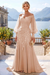 A‑Line Princess Off‑Shoulder Chiffon Floor‑Length Mother of the Bride & Groom Dress with Lace Appliques and Pleats