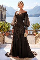 A‑Line Princess Off‑Shoulder Chiffon Floor‑Length Mother of the Bride & Groom Dress with Lace Appliques and Pleats