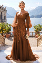 A‑Line Princess Off‑Shoulder Chiffon Floor‑Length Mother of the Bride & Groom Dress with Lace Appliques and Pleats
