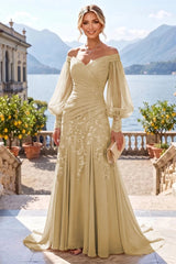 A‑Line Princess Off‑Shoulder Chiffon Floor‑Length Mother of the Bride & Groom Dress with Lace Appliques and Pleats