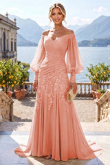 A‑Line Princess Off‑Shoulder Chiffon Floor‑Length Mother of the Bride & Groom Dress with Lace Appliques and Pleats