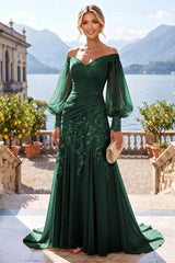 A‑Line Princess Off‑Shoulder Chiffon Floor‑Length Mother of the Bride & Groom Dress with Lace Appliques and Pleats