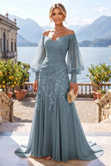 A‑Line Princess Off‑Shoulder Chiffon Floor‑Length Mother of the Bride & Groom Dress with Lace Appliques and Pleats