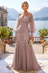 A‑Line Princess Off‑Shoulder Chiffon Floor‑Length Mother of the Bride & Groom Dress with Lace Appliques and Pleats