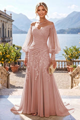 A‑Line Princess Off‑Shoulder Chiffon Floor‑Length Mother of the Bride & Groom Dress with Lace Appliques and Pleats