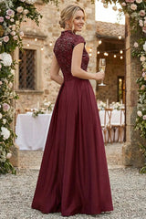A‑Line Princess Stand Collar Short Sleeve Long Mother of the Bride Dress