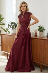 A‑Line Princess Stand Collar Short Sleeve Long Mother of the Bride Dress