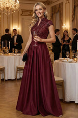 A‑Line Princess Stand Collar Short Sleeve Long Mother of the Bride Dress