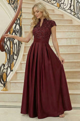 A‑Line Princess Stand Collar Short Sleeve Long Mother of the Bride Dress