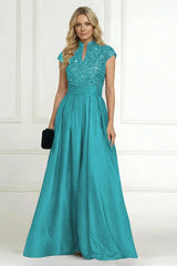 A‑Line Princess Stand Collar Short Sleeve Long Mother of the Bride Dress