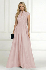 A‑Line Princess Stand Collar Short Sleeve Long Mother of the Bride Dress