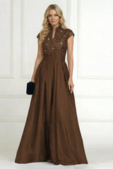 A‑Line Princess Stand Collar Short Sleeve Long Mother of the Bride Dress