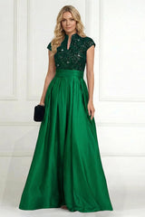 A‑Line Princess Stand Collar Short Sleeve Long Mother of the Bride Dress