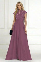 A‑Line Princess Stand Collar Short Sleeve Long Mother of the Bride Dress
