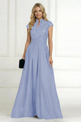 A‑Line Princess Stand Collar Short Sleeve Long Mother of the Bride Dress