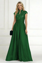 A‑Line Princess Stand Collar Short Sleeve Long Mother of the Bride Dress