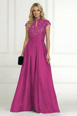 A‑Line Princess Stand Collar Short Sleeve Long Mother of the Bride Dress