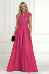 A‑Line Princess Stand Collar Short Sleeve Long Mother of the Bride Dress
