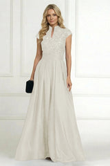 A‑Line Princess Stand Collar Short Sleeve Long Mother of the Bride Dress