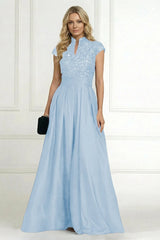 A‑Line Princess Stand Collar Short Sleeve Long Mother of the Bride Dress
