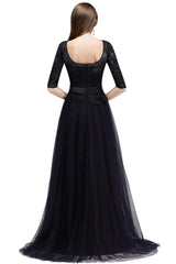 A line Round Neck Half Sleeves Tulle Lace Appliques Long Bridesmaid Dresses