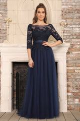 A line Round Neck Half Sleeves Tulle Lace Appliques Long Bridesmaid Dresses