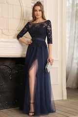 A line Round Neck Half Sleeves Tulle Lace Appliques Long Bridesmaid Dresses