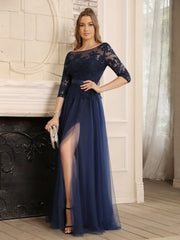 A line Round Neck Half Sleeves Tulle Lace Appliques Long Bridesmaid Dresses