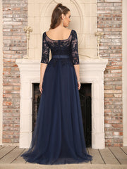 A line Round Neck Half Sleeves Tulle Lace Appliques Long Bridesmaid Dresses