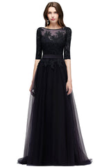 A line Round Neck Half Sleeves Tulle Lace Appliques Long Bridesmaid Dresses