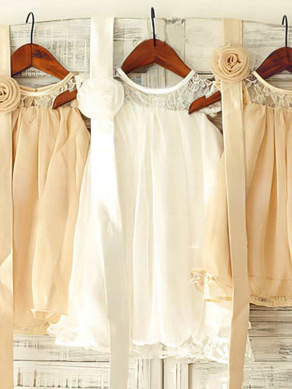 A-line Scoop Neck Lace Chiffon Short/Mini Sashes/Ribbons Flower Girl Dresses