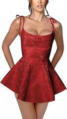 A-line Spaghetti Straps Satin Sleeveless Party Dress Jacquard Short Homecoming Dress