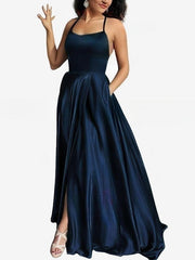 A-line Sweep Train Scoop Neck Silk-like Satin Pockets Prom Dresses