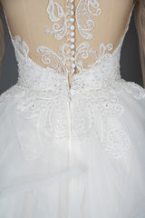 A-Line V-neck Hi-Lo Wedding Dress Open Back Ruffles Tulle With Appliques Lace