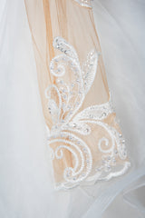 A-Line V-neck Hi-Lo Wedding Dress Open Back Ruffles Tulle With Appliques Lace