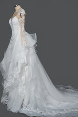 A-Line V-neck Hi-Lo Wedding Dress Open Back Ruffles Tulle With Appliques Lace