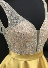 A-Line V Neck Sleeveless Satin Short/Mini Homecoming Dress with Beading and Sequins - Babyonlines